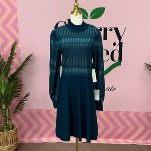 Eliza J Teal Long-Sleeve Fit-and-Flare Knit Dress